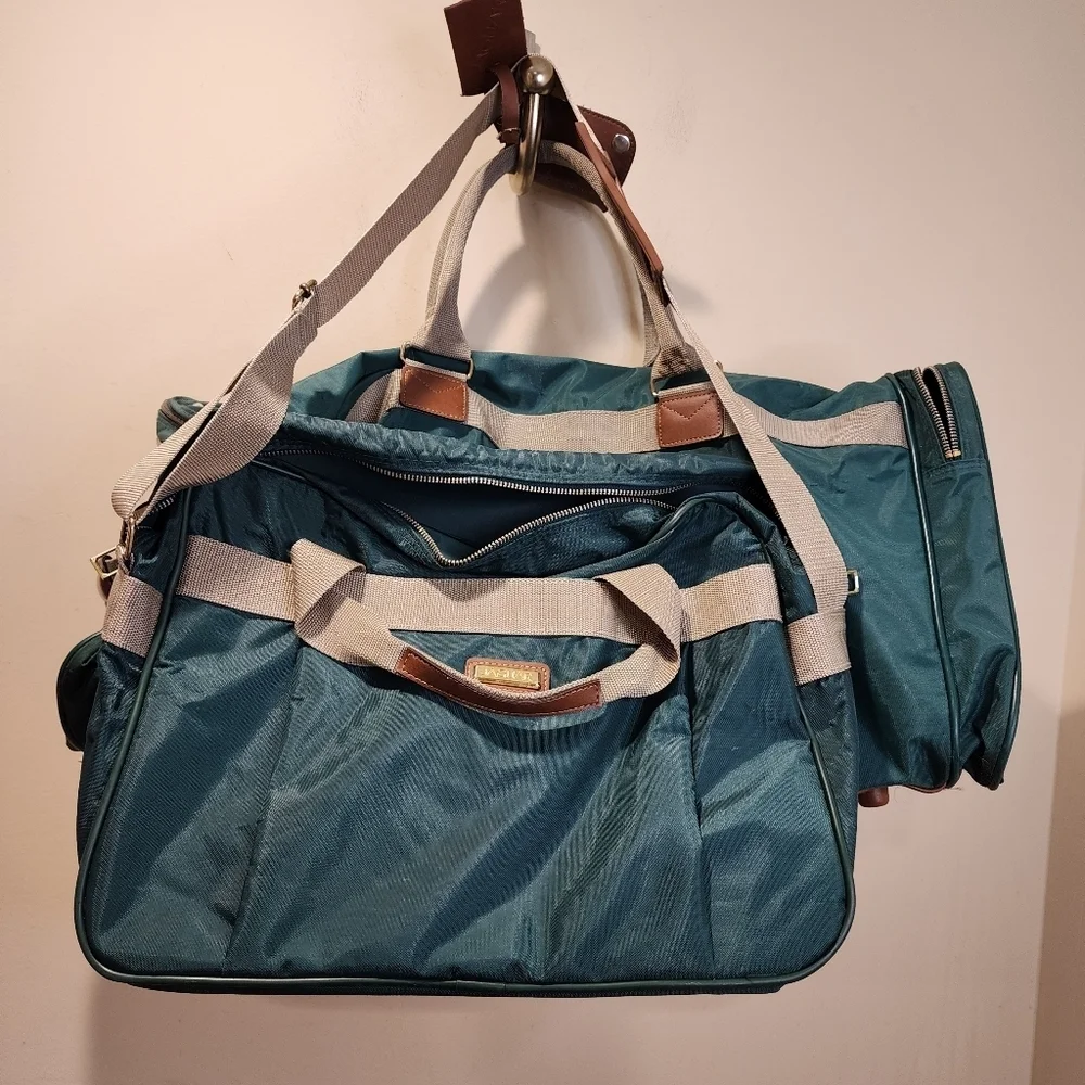 Jaguar Vintage Set Of 2 Travel Bags Teal Duffel Bag with Tan Straps